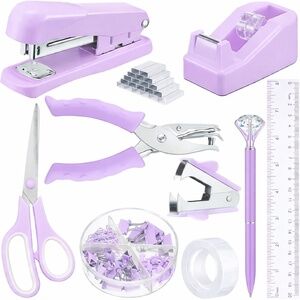 KUANVE Purple Office Supplies Set of 10 - Stapler, Tape Dispenser, Staple Remove